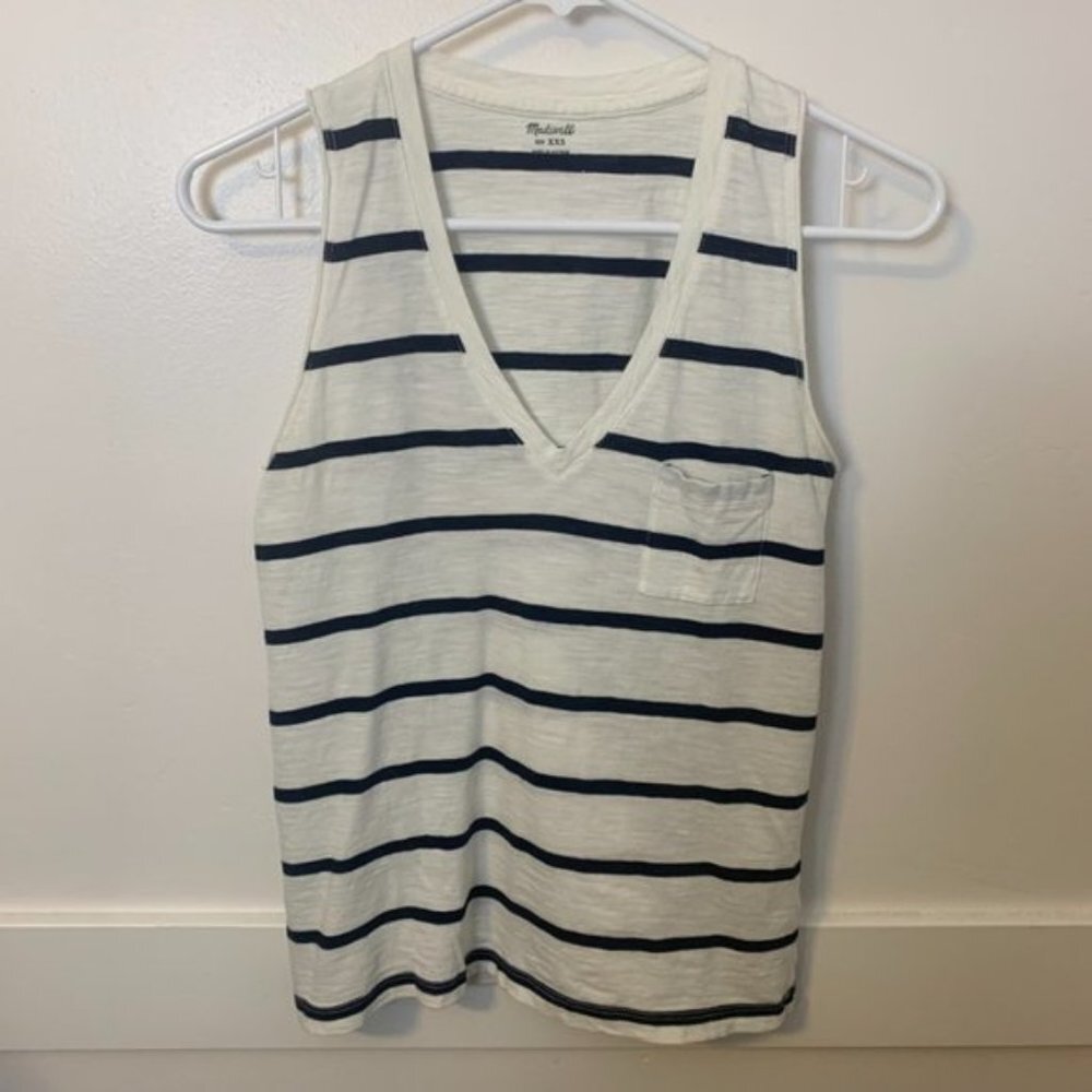Madewell White & Blue Striped Whisper V-Neck Tank Top
